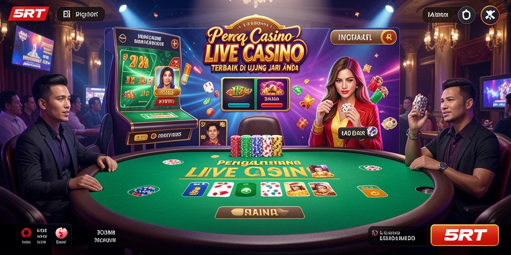 Screenshot gameplay Live Casino 5RT yang menampilkan dealer dan pemain berinteraksi.