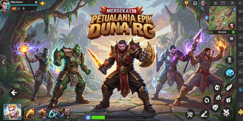 Screenshot gameplay MERDEKA138 menunjukkan pertempuran epik dalam dunia fantasi.