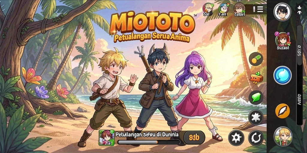 Screenshot MIOTOTO menampilkan karakter anime dalam aksi petualangan.