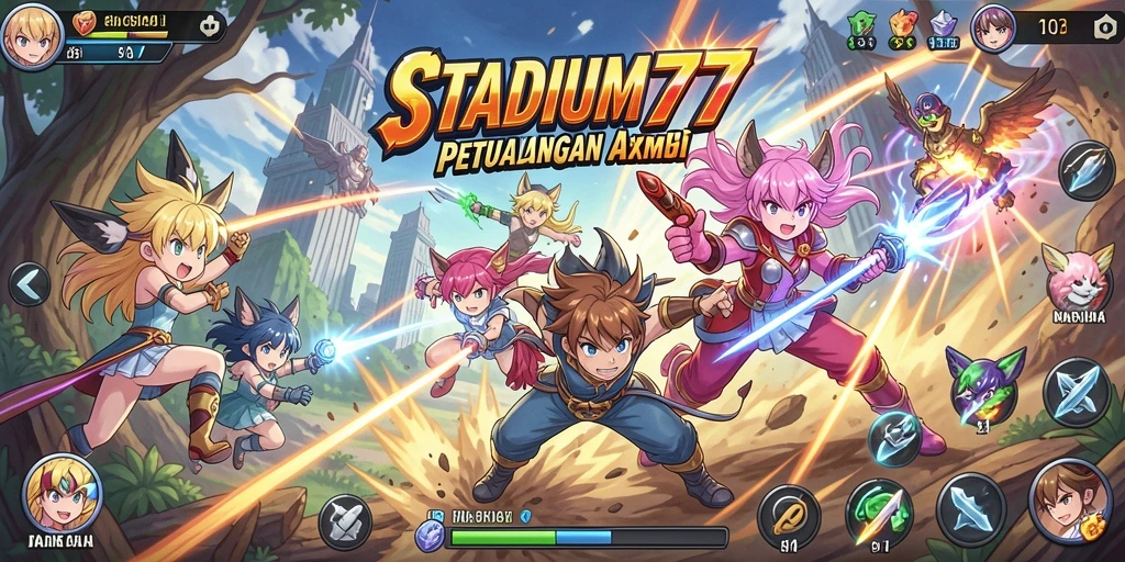 Tangkapan layar dari gameplay STADIUM77 menampilkan petualangan anime yang seru.